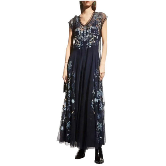 JOHNNY WAS BIYA Mesa Size Small Navy Blue Mesh Floral Embroidery Boho Maxi Dress - Picture 10 of 16